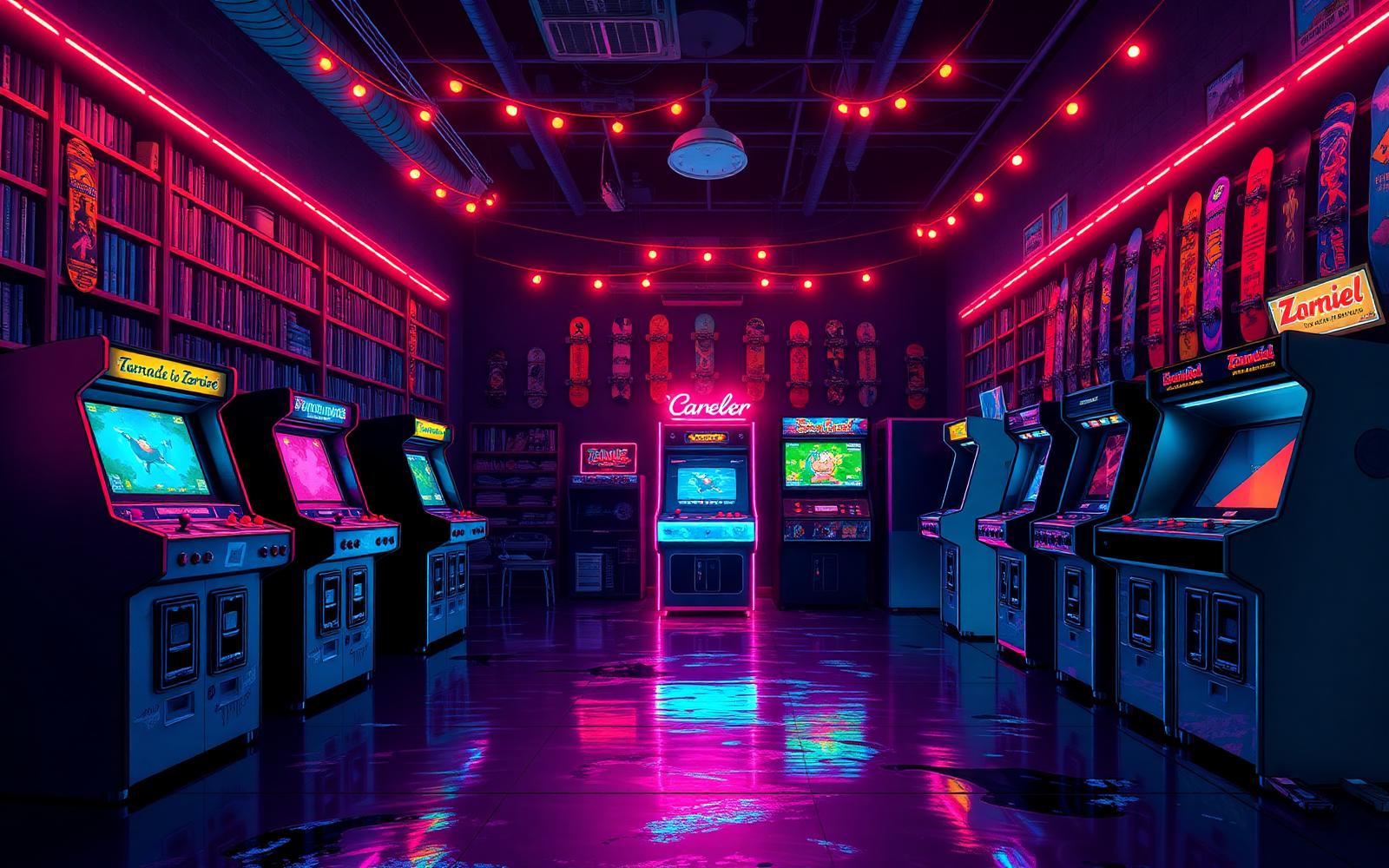 Retro arcade room with glowing cabinets, bookshelves, and skateboards on the walls