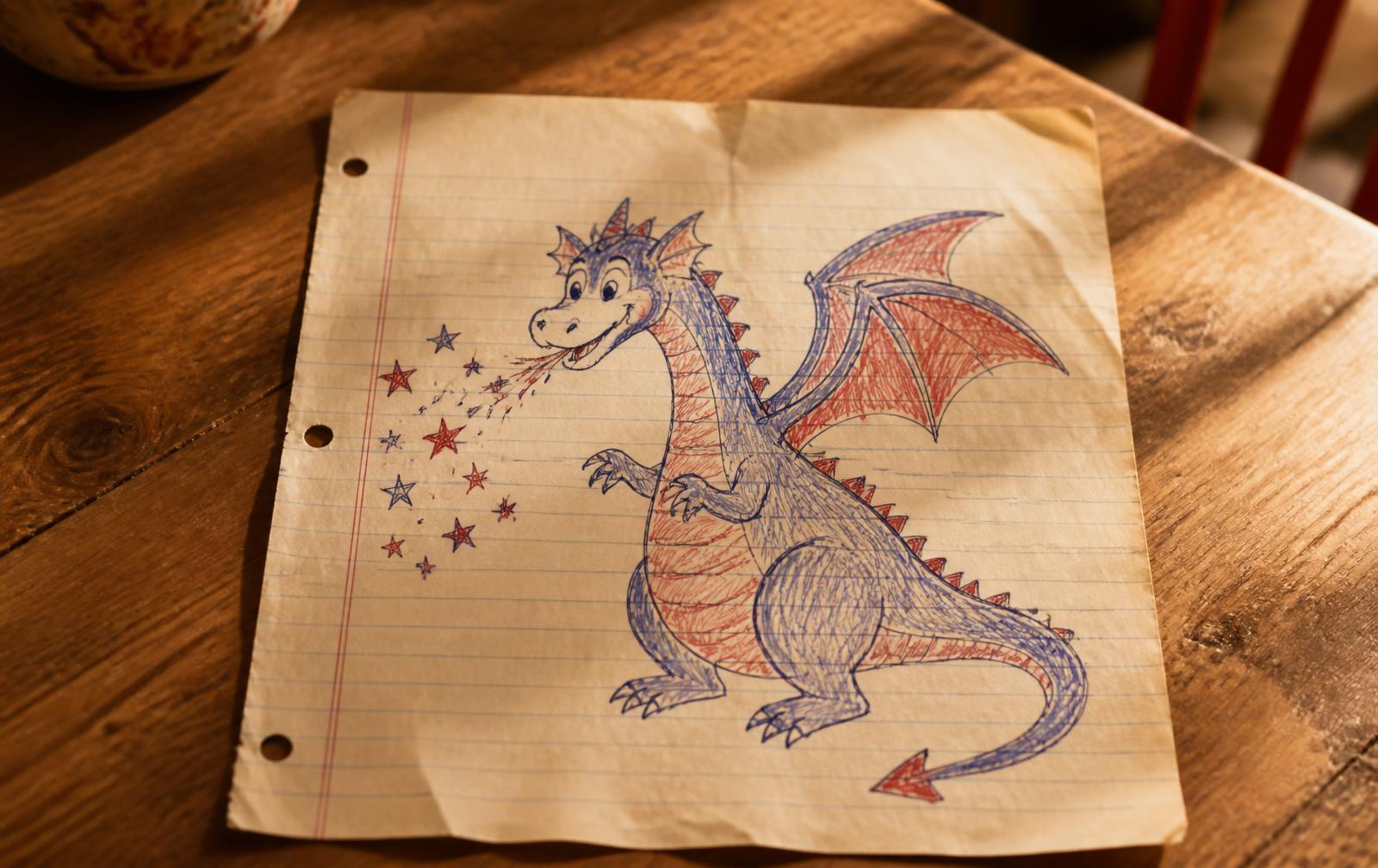 Original fifth grade notebook drawing of a star breathing dragon, the first Crave Happy character