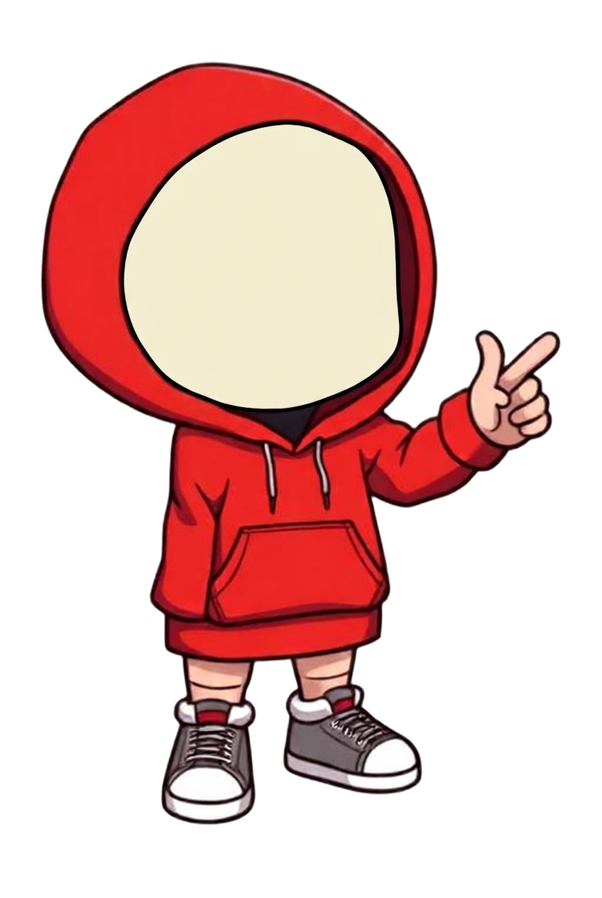 The Faceless Child mascot waving and pointing to guide visitors